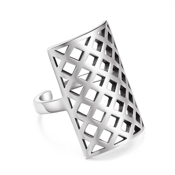 Big Bold Adjustable 925 Sterling Silver Geometric Rectangular Lattice Mesh Ring - Picture 3 of 7